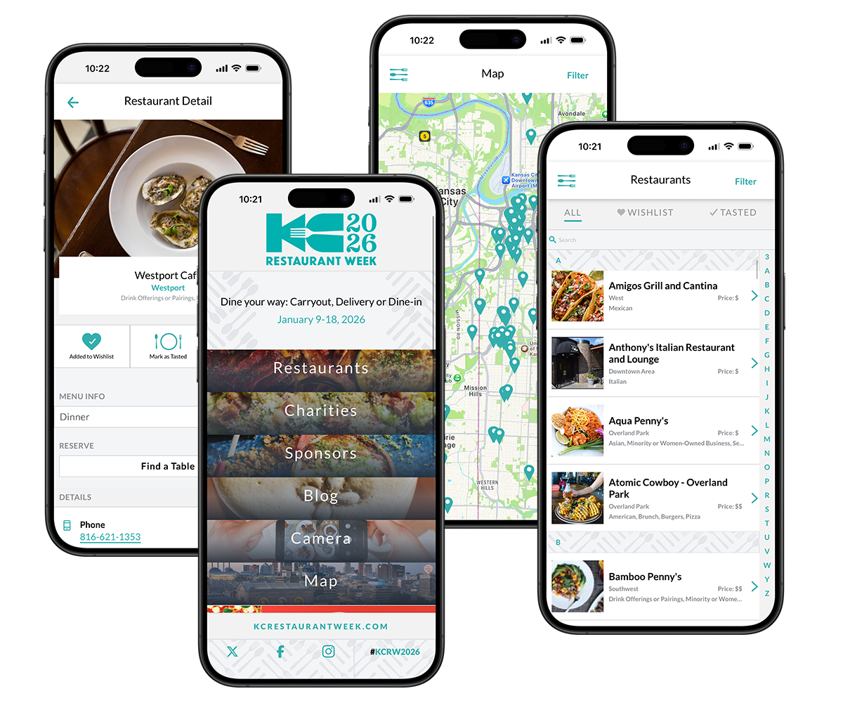 Mockup mobile phones displaying the KC Restaurant Week app